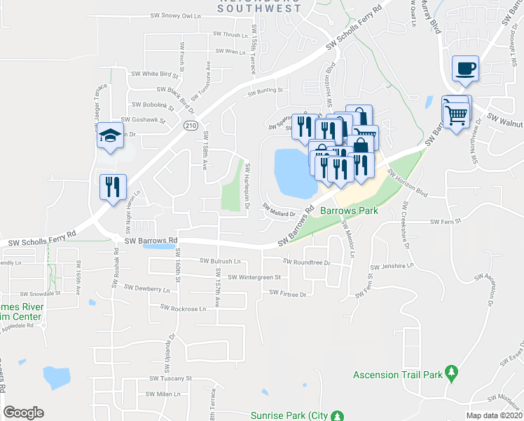 map of restaurants, bars, coffee shops, grocery stores, and more near 12800 Southwest Harlequin Drive in Beaverton