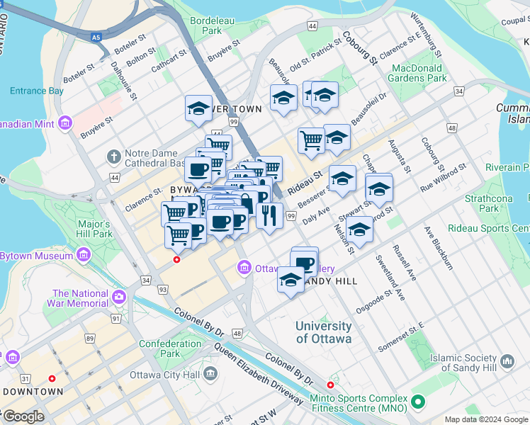 map of restaurants, bars, coffee shops, grocery stores, and more near in Ottawa