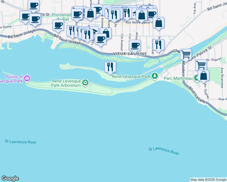 map of restaurants, bars, coffee shops, grocery stores, and more near 398 Rue de la Berge du Canal in Lachine