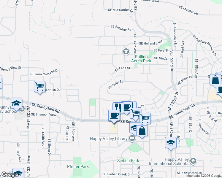 map of restaurants, bars, coffee shops, grocery stores, and more near 12481 Southeast Verlie Street in Happy Valley