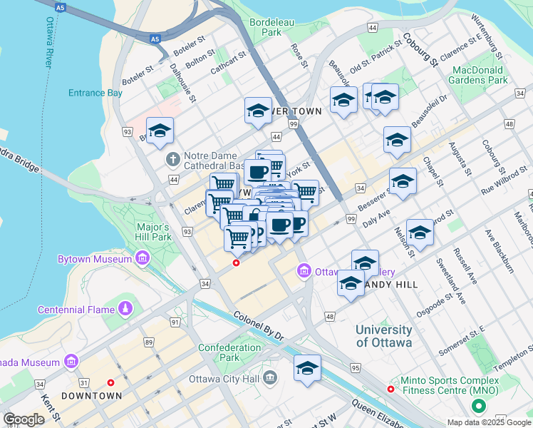 map of restaurants, bars, coffee shops, grocery stores, and more near 152 Ottawa 34 in Ottawa