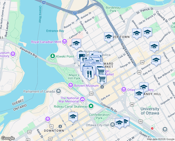 map of restaurants, bars, coffee shops, grocery stores, and more near in Ottawa