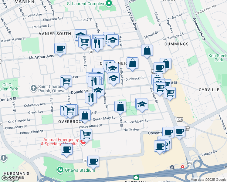 map of restaurants, bars, coffee shops, grocery stores, and more near 480 Newman Avenue in Ottawa