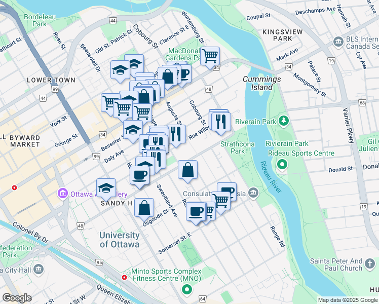 map of restaurants, bars, coffee shops, grocery stores, and more near in Ottawa