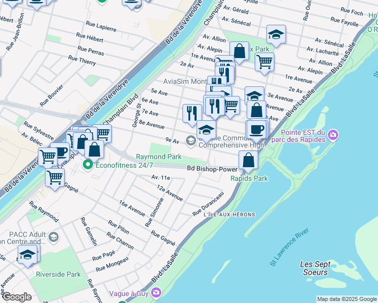 map of restaurants, bars, coffee shops, grocery stores, and more near 757 Boulevard Bishop Power in Montreal