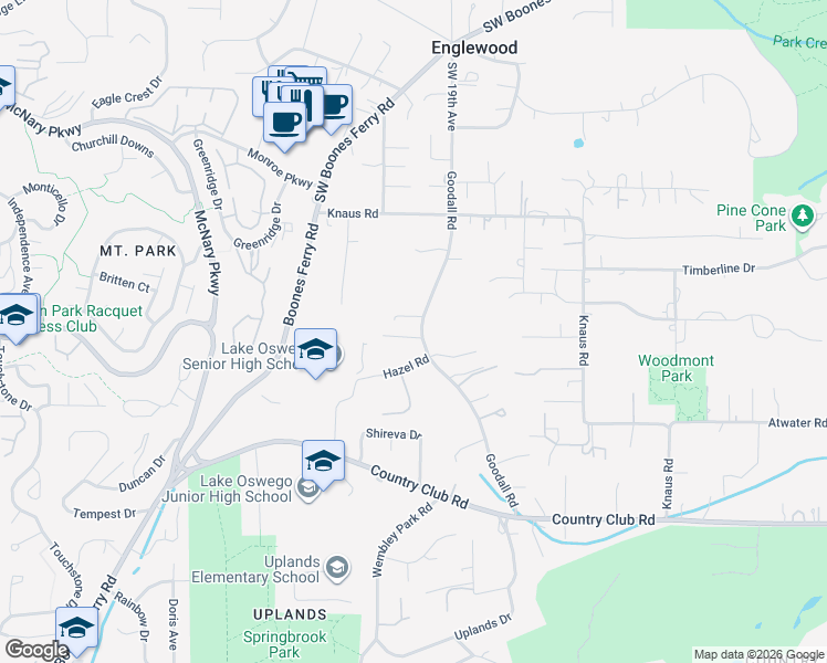 map of restaurants, bars, coffee shops, grocery stores, and more near 13455 Goodall Road in Lake Oswego