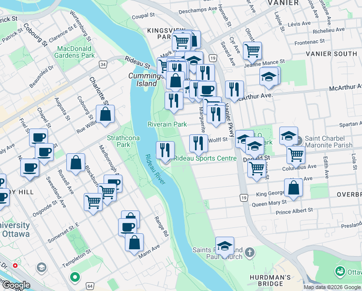 map of restaurants, bars, coffee shops, grocery stores, and more near 940 North River Road in Ottawa