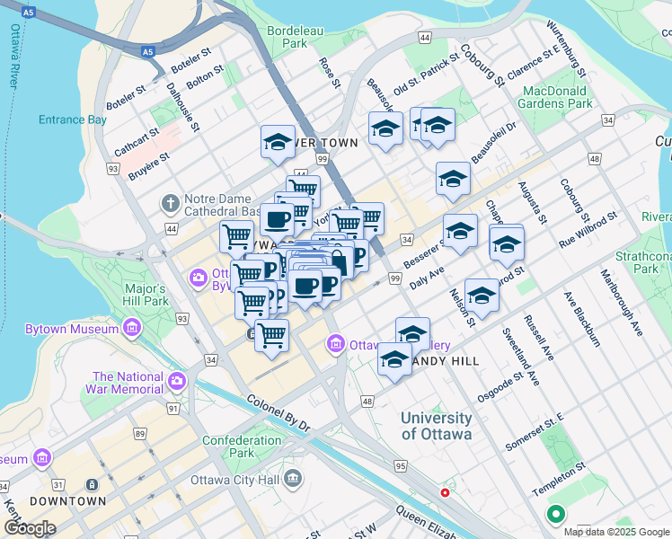 map of restaurants, bars, coffee shops, grocery stores, and more near 400 Cumberland Street in Ottawa