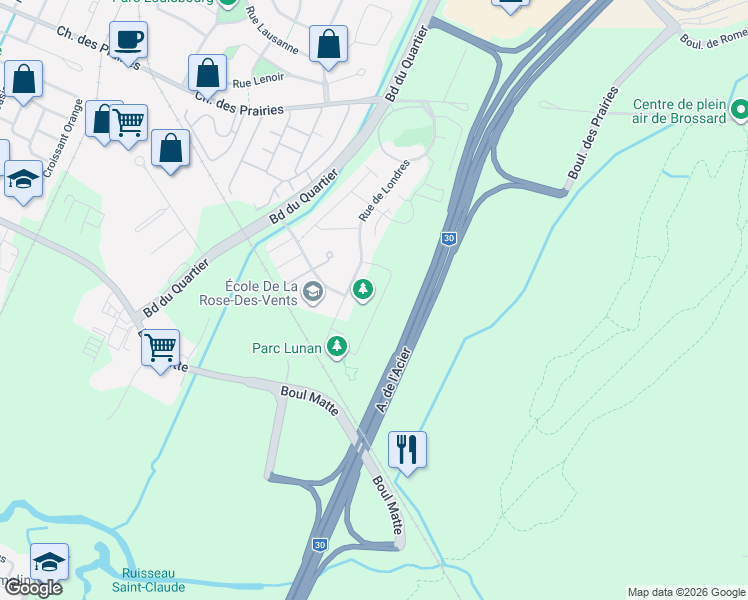map of restaurants, bars, coffee shops, grocery stores, and more near 7200 Rue de Lunan in Brossard