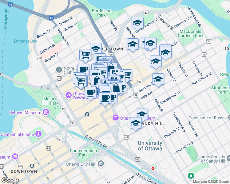 map of restaurants, bars, coffee shops, grocery stores, and more near 400 Cumberland Street in Ottawa