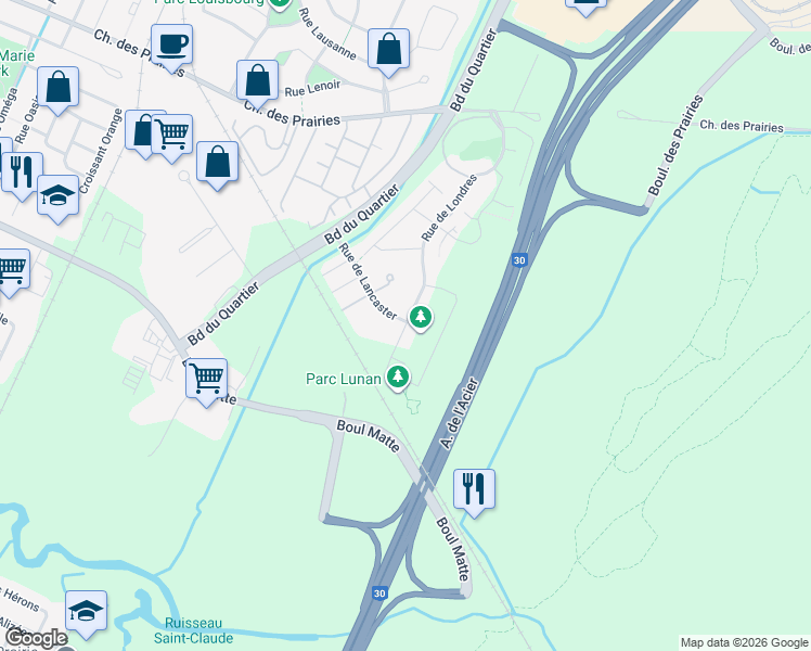 map of restaurants, bars, coffee shops, grocery stores, and more near Rue Lunan in Brossard