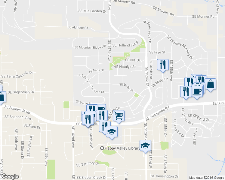 map of restaurants, bars, coffee shops, grocery stores, and more near 14713 Southeast Page Park Court in Happy Valley