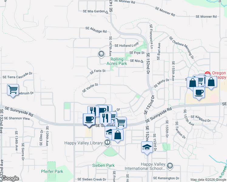 map of restaurants, bars, coffee shops, grocery stores, and more near 12795 Southeast 147th Avenue in Happy Valley
