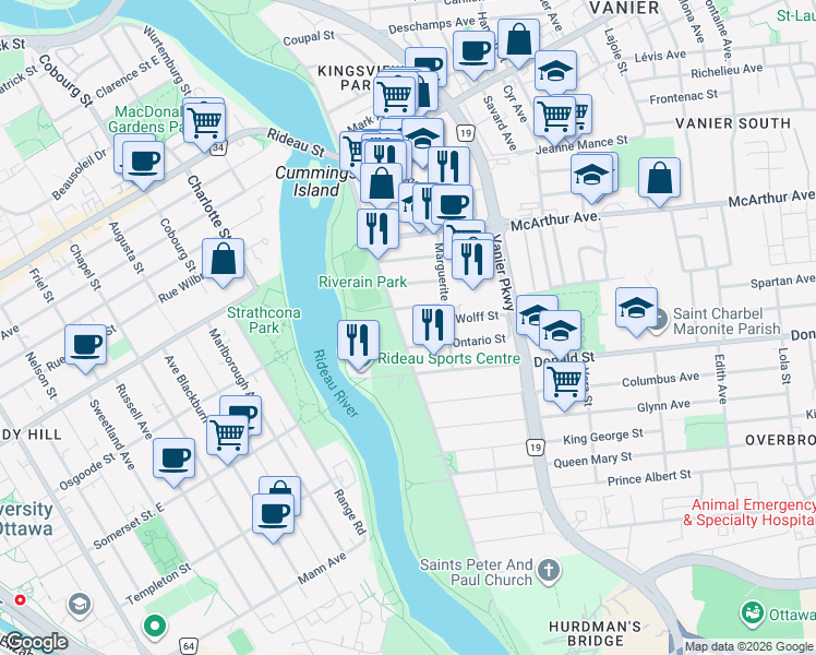 map of restaurants, bars, coffee shops, grocery stores, and more near in Ottawa