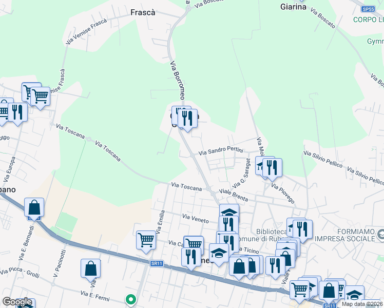 map of restaurants, bars, coffee shops, grocery stores, and more near 80A Via Carlo Borromeo in Cascina Griggio