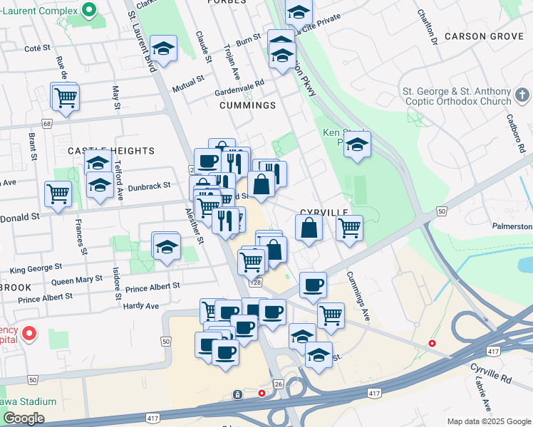 map of restaurants, bars, coffee shops, grocery stores, and more near 1240 Donald Street in Ottawa