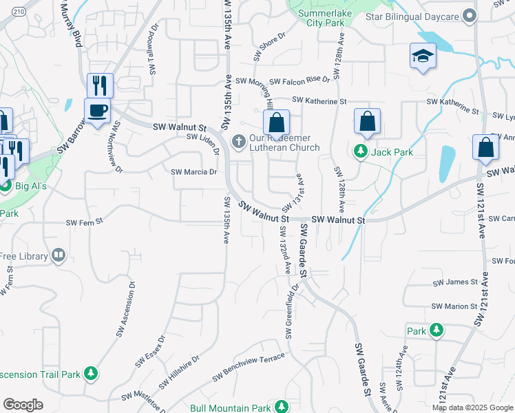 map of restaurants, bars, coffee shops, grocery stores, and more near 12612 Southwest 133rd Avenue in Tigard