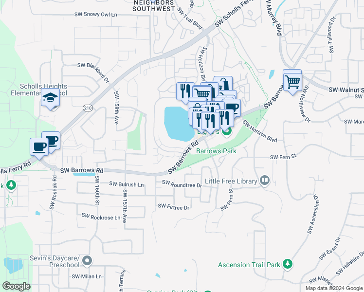 map of restaurants, bars, coffee shops, grocery stores, and more near Southwest Mallard Drive in Beaverton