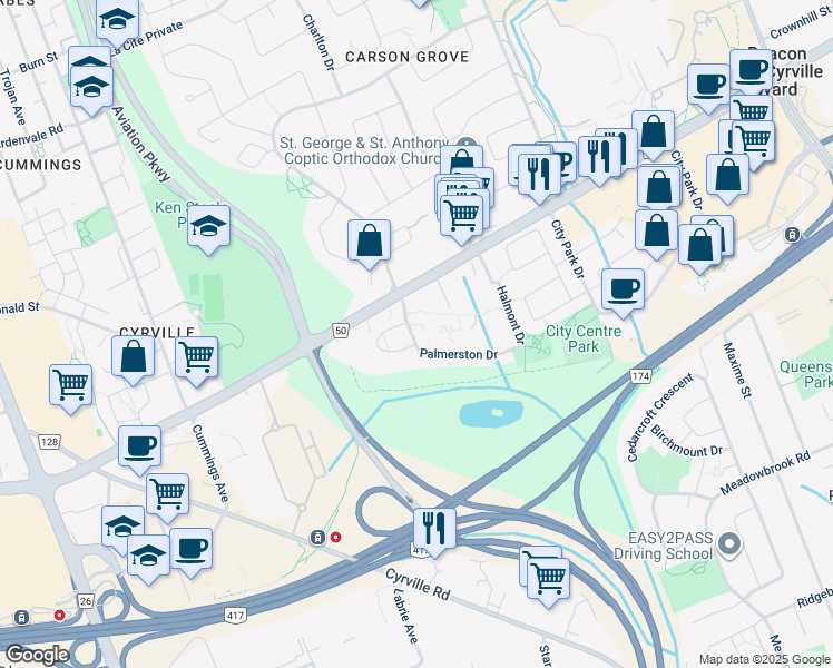 map of restaurants, bars, coffee shops, grocery stores, and more near 103-1389 Palmerston Drive in Ottawa
