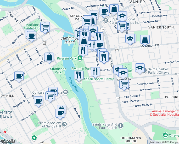 map of restaurants, bars, coffee shops, grocery stores, and more near 9 Stevens Avenue in Ottawa