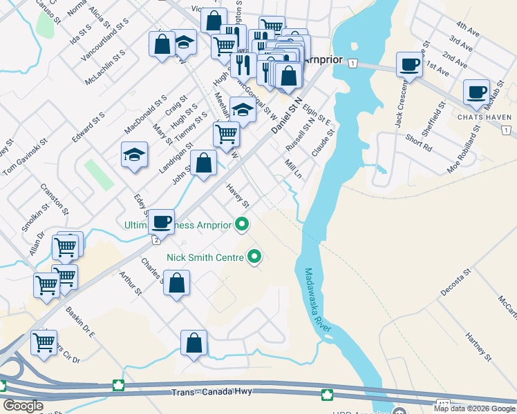 map of restaurants, bars, coffee shops, grocery stores, and more near in Arnprior