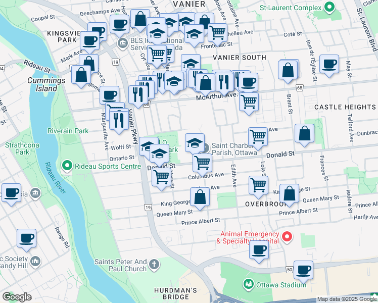 map of restaurants, bars, coffee shops, grocery stores, and more near 225 Donald Street in Ottawa