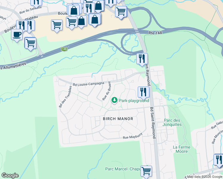 map of restaurants, bars, coffee shops, grocery stores, and more near 15 Rue du Bruant in Gatineau