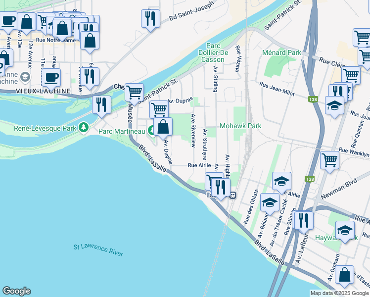 map of restaurants, bars, coffee shops, grocery stores, and more near 55 Avenue Dupras in Montréal