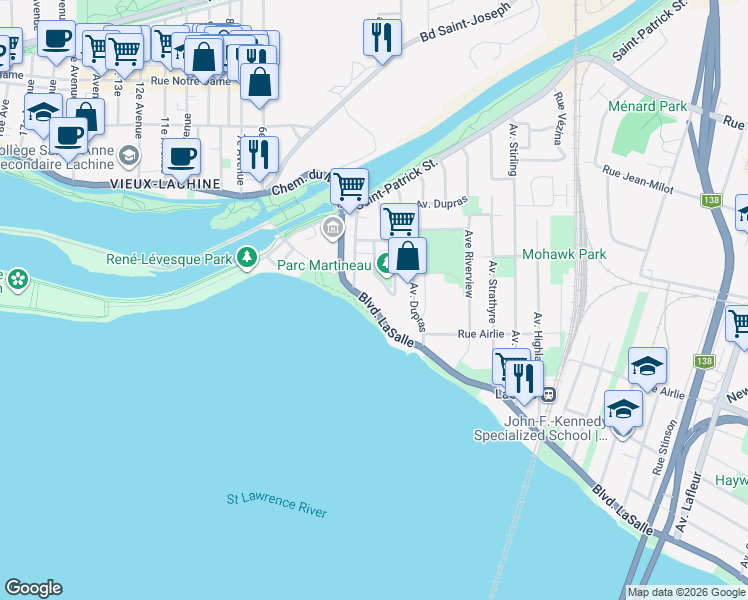 map of restaurants, bars, coffee shops, grocery stores, and more near 9861 Boulevard LaSalle in Montréal