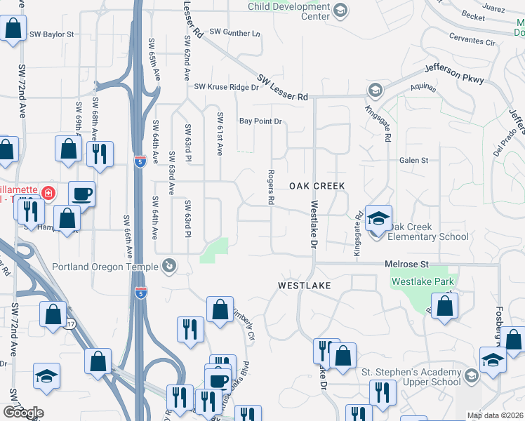 map of restaurants, bars, coffee shops, grocery stores, and more near 5710 Southwood Drive in Lake Oswego