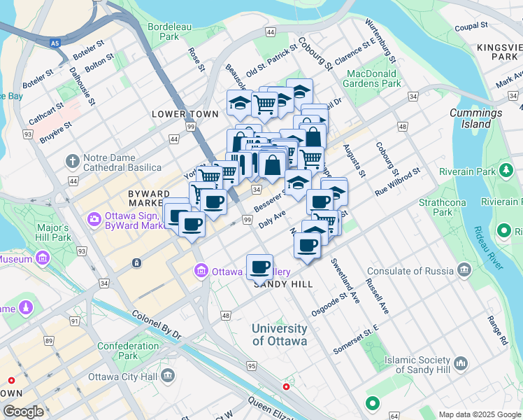 map of restaurants, bars, coffee shops, grocery stores, and more near 260 Besserer Street in Ottawa