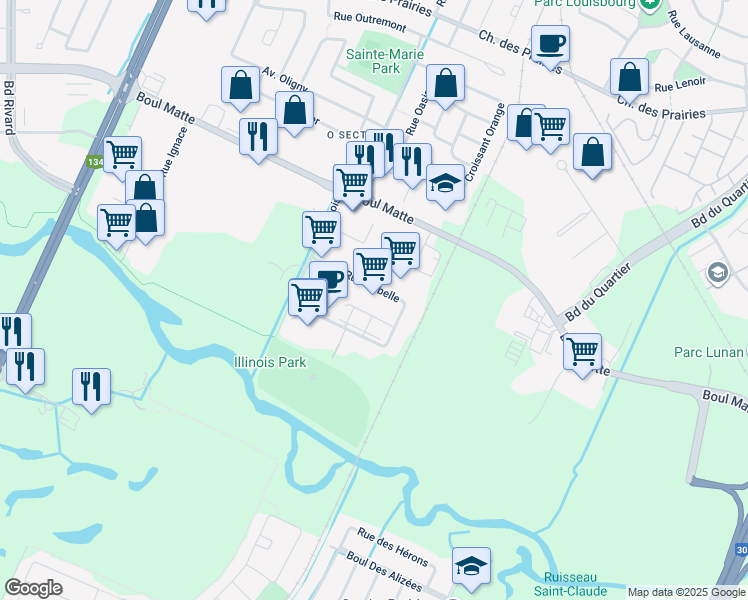 map of restaurants, bars, coffee shops, grocery stores, and more near 3560 Rue Isabelle in Brossard