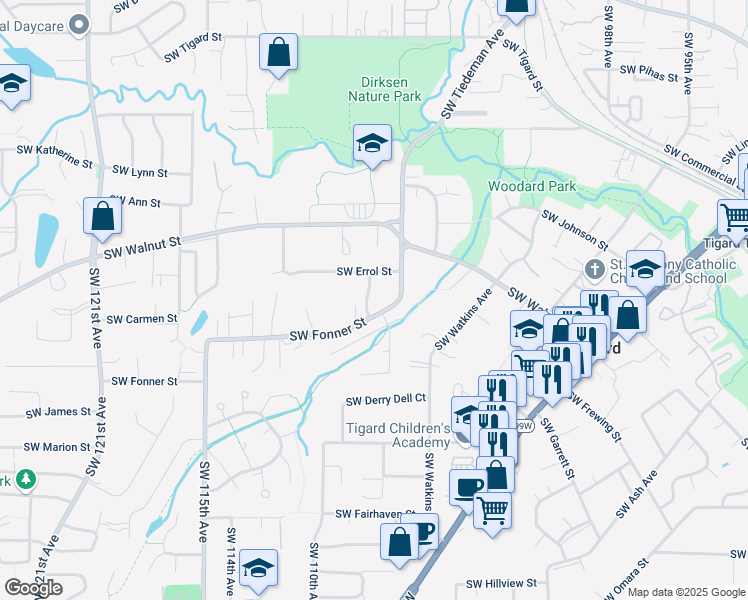 map of restaurants, bars, coffee shops, grocery stores, and more near 12573 Southwest 108th Terrace in Tigard