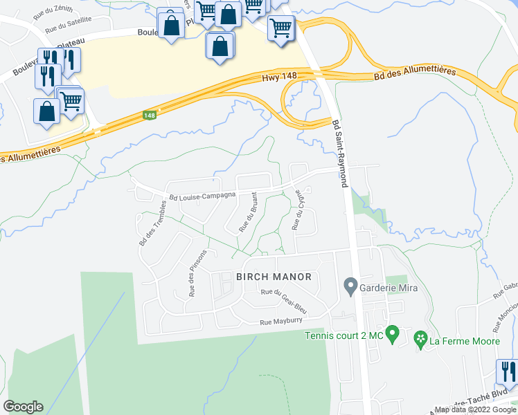 map of restaurants, bars, coffee shops, grocery stores, and more near 13 Rue du Bruant in Gatineau