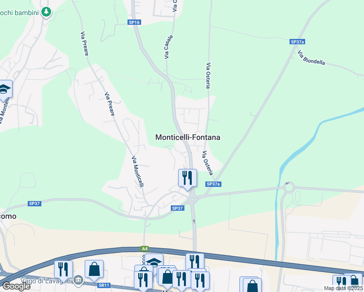 map of restaurants, bars, coffee shops, grocery stores, and more near 14A Via Fontana in Monticelli-fontana