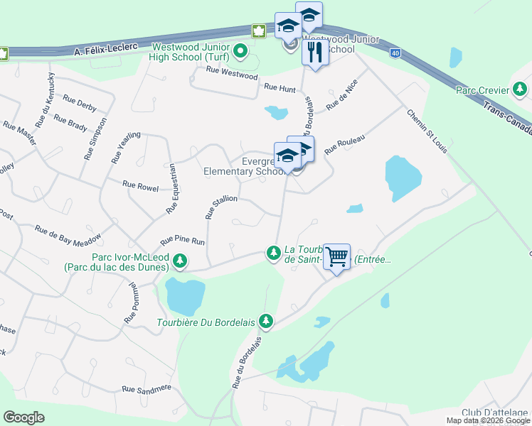 map of restaurants, bars, coffee shops, grocery stores, and more near 2623 Rue Stallion in Saint-Lazare