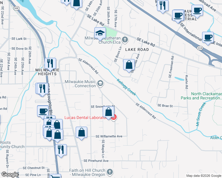map of restaurants, bars, coffee shops, grocery stores, and more near 3609 Southeast Aldercrest Road in Milwaukie