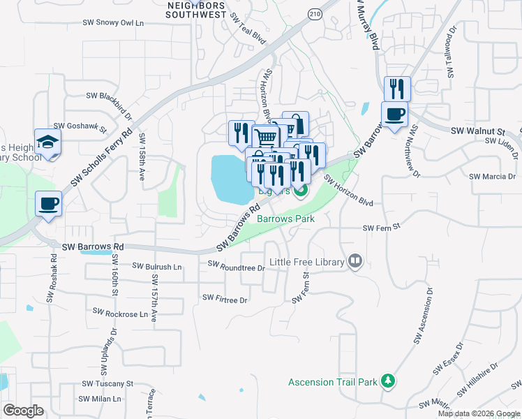 map of restaurants, bars, coffee shops, grocery stores, and more near 15151 Southwest Barrows Road in Beaverton