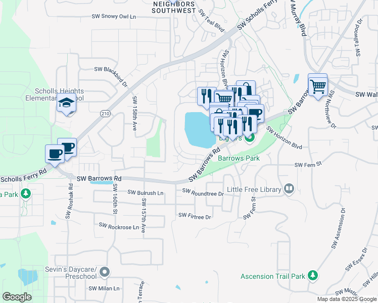 map of restaurants, bars, coffee shops, grocery stores, and more near 15435 Southwest Mallard Drive in Beaverton