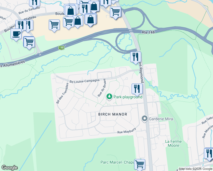map of restaurants, bars, coffee shops, grocery stores, and more near 13 Rue du Bruant in Gatineau
