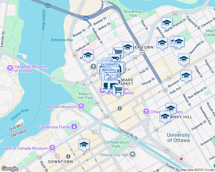 map of restaurants, bars, coffee shops, grocery stores, and more near 92 Clarence Street in Ottawa