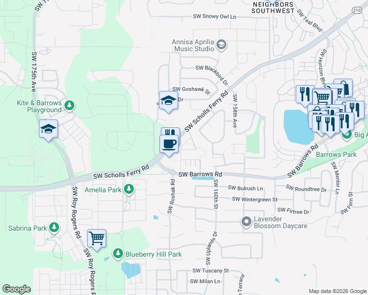 map of restaurants, bars, coffee shops, grocery stores, and more near 12555 Southwest Night Heron Lane in Beaverton