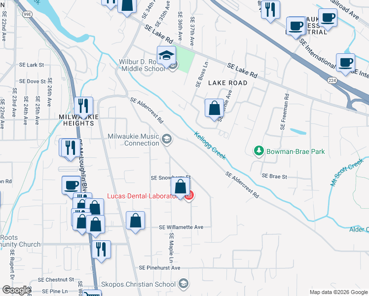 map of restaurants, bars, coffee shops, grocery stores, and more near 3609 Southeast Aldercrest Road in Milwaukie