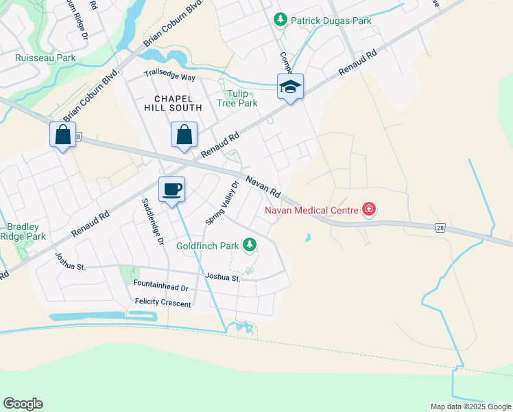 map of restaurants, bars, coffee shops, grocery stores, and more near 340 Broadridge Crescent in Ottawa