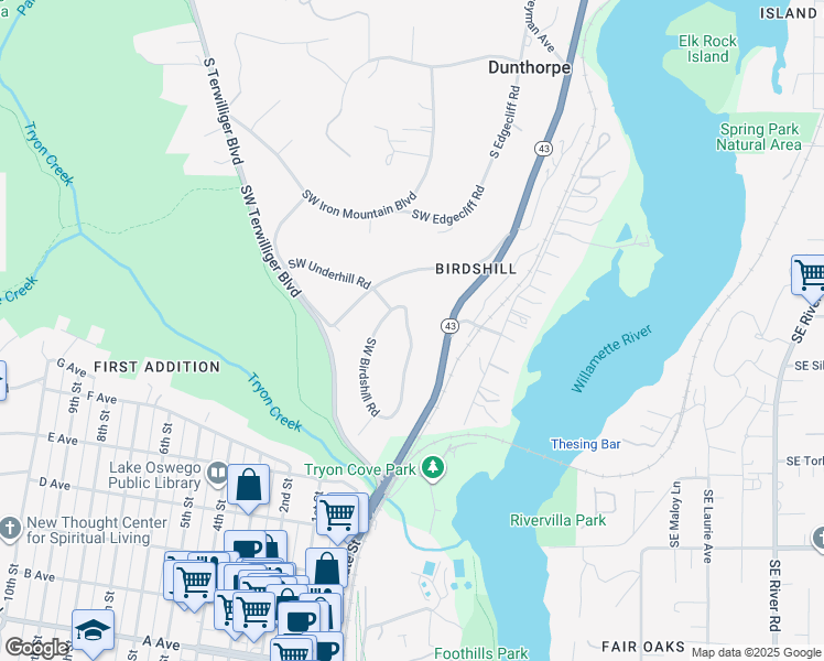 map of restaurants, bars, coffee shops, grocery stores, and more near 290 Southwest Birdshill Road in Portland