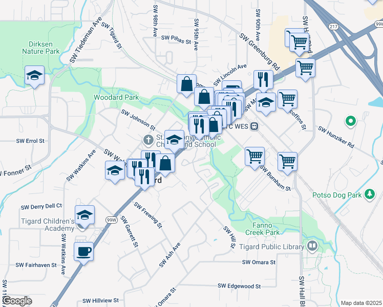 map of restaurants, bars, coffee shops, grocery stores, and more near 12650 Southwest Main Street in Tigard