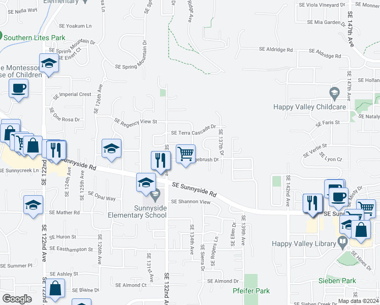 map of restaurants, bars, coffee shops, grocery stores, and more near 13095 Southeast 134th Avenue in Happy Valley