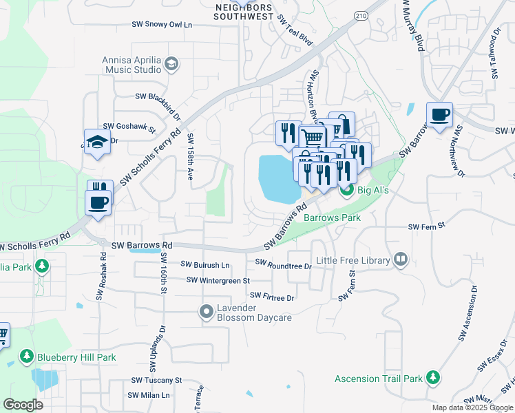 map of restaurants, bars, coffee shops, grocery stores, and more near 15435 Southwest Mallard Drive in Beaverton