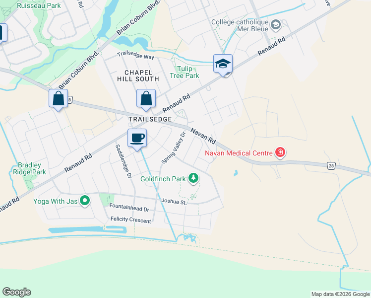 map of restaurants, bars, coffee shops, grocery stores, and more near 310 Broadridge Crescent in Ottawa