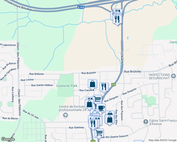 map of restaurants, bars, coffee shops, grocery stores, and more near 1723 Rue Brûlotte in Sherbrooke